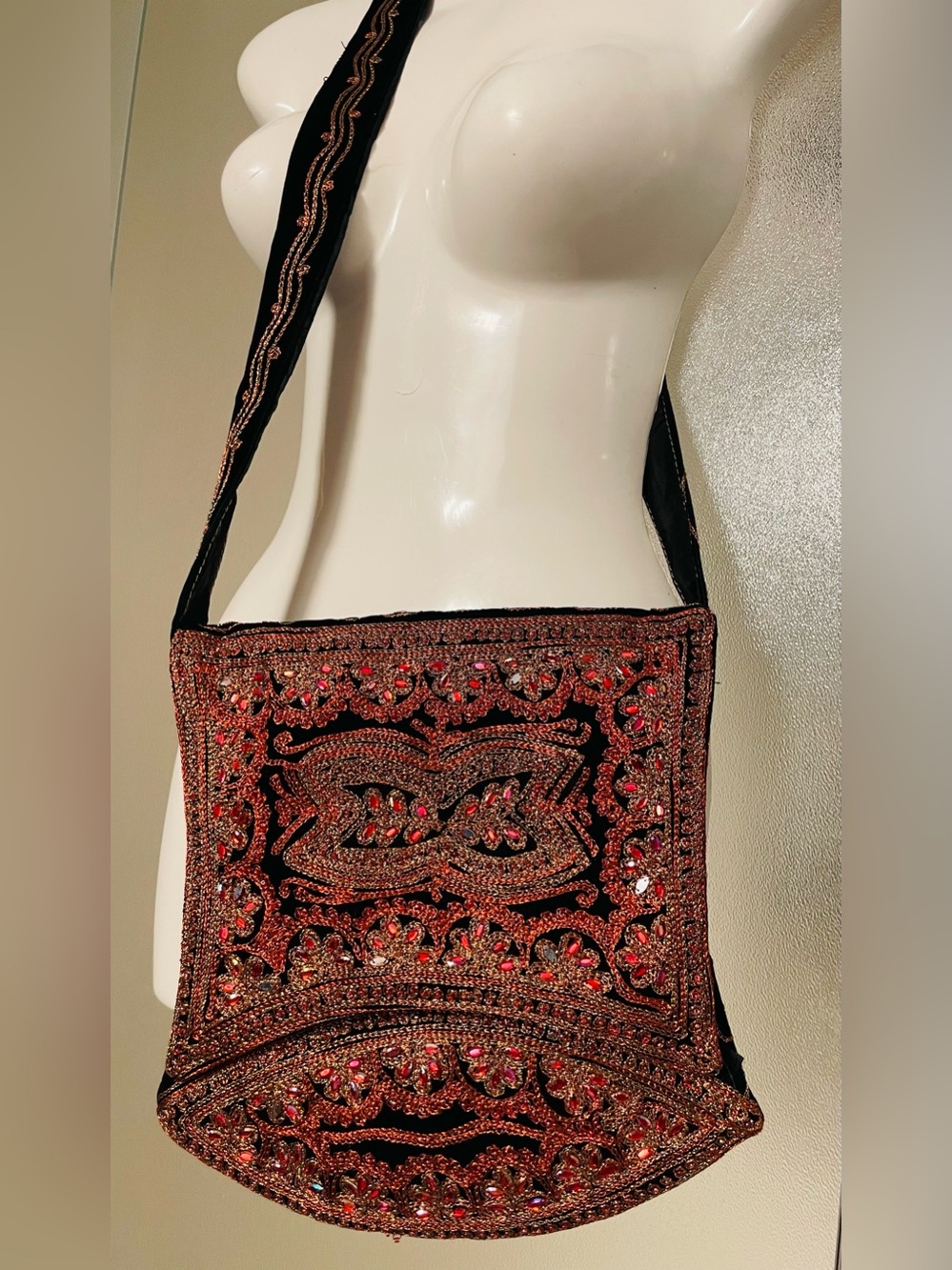 Kashmiri Handmade Embroidered Black Velvet Crossbody Bag with Red Beading
